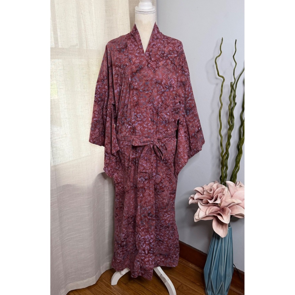 NOVICA Batik 100% Cotton Botanical Leaf Print Kimono Robe Plum Purple Women S/M